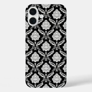 Rococo Damast Patroon Wit op Zwart iPhone 16 Plus Hoesje