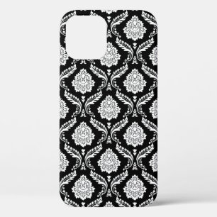 Rococo Damast Patroon Wit op Zwart iPhone 12 Hoesje