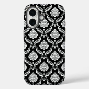Rococo Damast Patroon Wit op Zwart iPhone 16 Hoesje