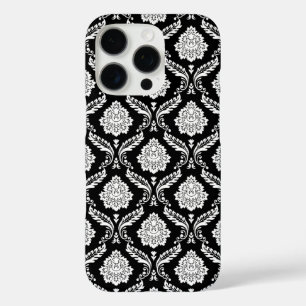 Rococo Damast Patroon Wit op Zwart iPhone 16 Pro Hoesje