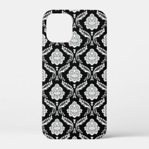 Rococo Damast Patroon Wit op Zwart iPhone 12 Mini Hoesje