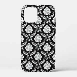 Rococo Damast Patroon Wit op Zwart iPhone 12 Mini Hoesje
