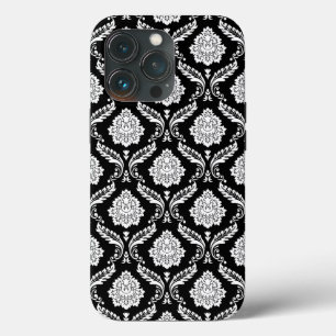 Rococo Damast Patroon Wit op Zwart iPhone 13 Pro Hoesje