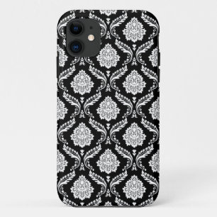 Rococo Damast Patroon Wit op Zwart iPhone 11 Hoesje