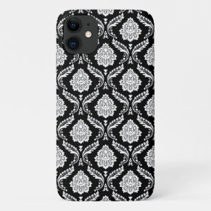 Rococo Damast Patroon Wit op Zwart iPhone 11 Hoesje