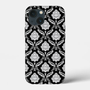 Rococo Damast Patroon Wit op Zwart iPhone 13 Mini Hoesje