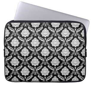 Rococo Damast Patroon Wit op Zwart Laptop Sleeve