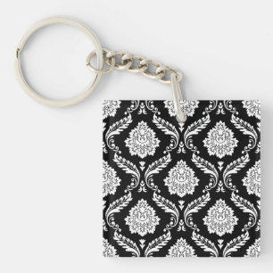Rococo Damast Patroon Wit op Zwart Sleutelhanger