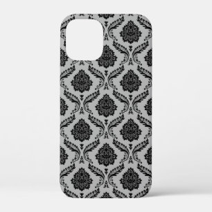 Rococo Damast Patroon Zwart op Grijs iPhone 12 Mini Hoesje