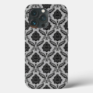 Rococo Damast Patroon Zwart op Grijs iPhone 13 Pro Hoesje