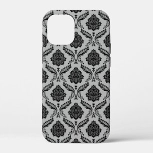 Rococo Damast Patroon Zwart op Grijs iPhone 12 Mini Hoesje
