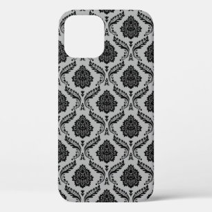 Rococo Damast Patroon Zwart op Grijs iPhone 12 Pro Hoesje