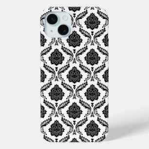 Rococo Damast Patroon Zwart op Wit iPhone 15 Mini Hoesje