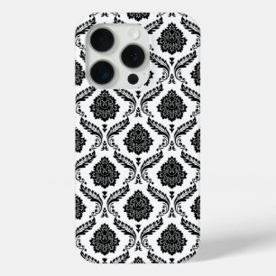 Rococo Damast Patroon Zwart op Wit iPhone 15 Pro Case