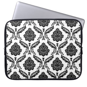 Rococo Damast Patroon Zwart op Wit Laptop Sleeve