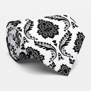 Rococo Damast Patroon Zwart op Wit Stropdas
