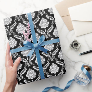 Rococo Damast Rpt Patroon Wit op Zwart Cadeaupapier
