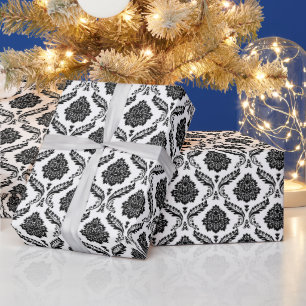 Rococo Damast Rpt Patroon Zwart op Wit Cadeaupapier