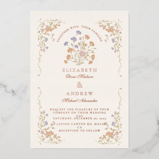 Rococo Floral Antiek Lijst bruiloft Folie Uitnodiging (Voorkant)