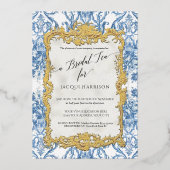 Rococo Floral Blue White Gold Bridal Tea Folie Uitnodiging (Voorkant)