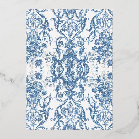 Rococo Floral Blue White Gold Bridal Tea Folie Uitnodiging (Achterkant)