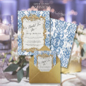 Rococo Floral Blue White Gold Bridal Tea Folie Uitnodiging