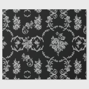 Rococo Floral Botanisch antiek Zwart Toile Cadeaupapier
