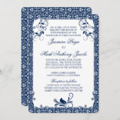 Rococo Floral Marine Bleu Faire-part de mariage bl (Devant / Derrière)