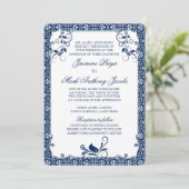 Rococo Floral Marine Bleu Faire-part de mariage bl (Debout devant)
