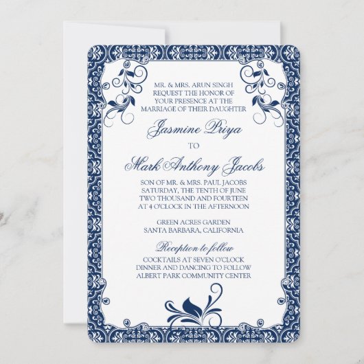 Rococo Floral Marine Bleu Faire-part de mariage bl (Devant)