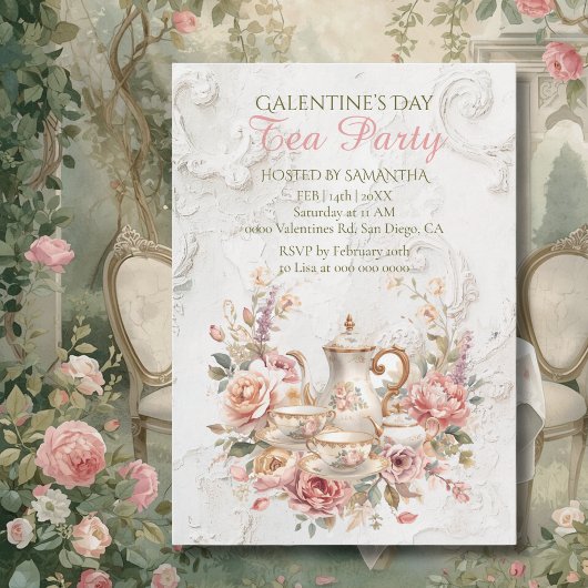 Rococo Floral Tea Galentine Party Soft Blush Kaart