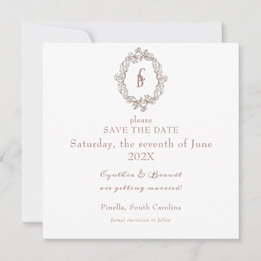 Rococo Florentine monochrome monogram Save The Date (Voorkant)