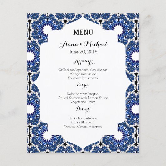 Rococo Indigo Beauely Blue Wedding Menu (Voorkant)