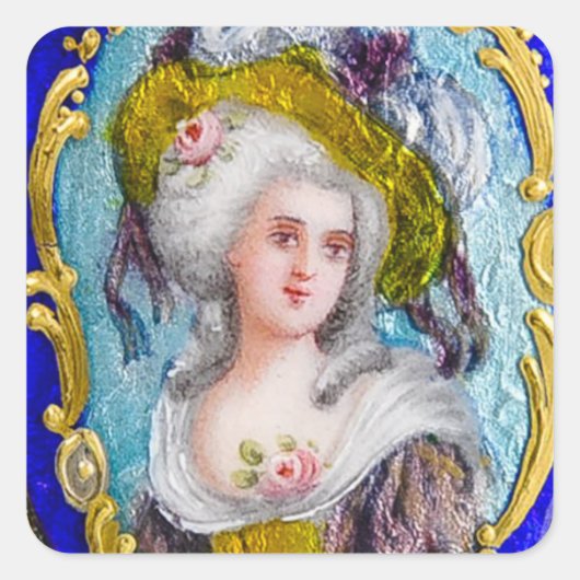 ROCOCO LADY MET PINKROSES VIERKANTE STICKER (Voorkant)