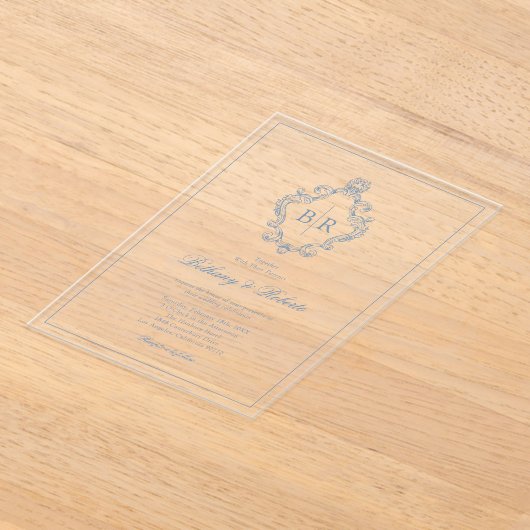 Rococo  Monogram Blauw Huwelijk Acryl Uitnodigingen (Laagn)