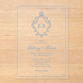 Rococo  Monogram Blauw Huwelijk Acryl Uitnodigingen (Voorkant)