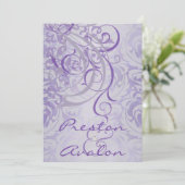 Rococo Paars Scroll Damask Uitnodiging (Staand voorkant)
