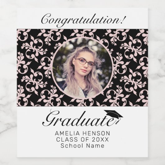 Rococo Pink Black Afstuderen Foto Afstuderen Wijn Etiket (Enkel label)
