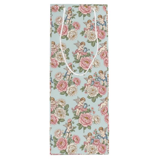 Rococo Revival Cherub Floral Toile Wrapping Paper Wijn Cadeautas (Achterkant)
