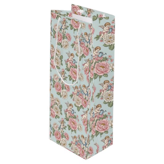 Rococo Revival Cherub Floral Toile Wrapping Paper Wijn Cadeautas (Voorkant Gekanteld)