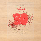 Rode 30ste ballonnen Confetti Acryl Uitnodigingen (Voorkant)