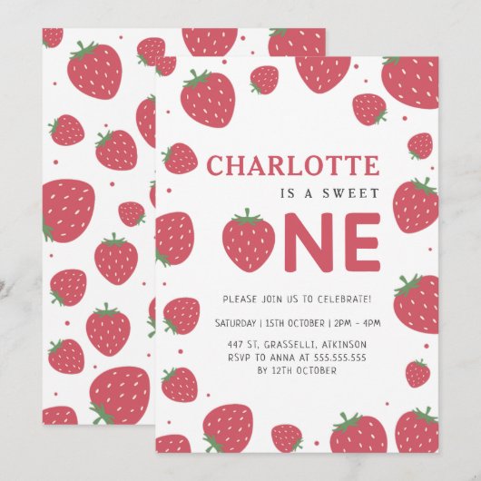 Rode Aardbei Patroon 1e Zomer Verjaardag Kaart (Voorkant / Achterkant)