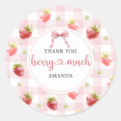 Rode Aardbei Roze Geruite Dank Je Wel Ronde Sticker (Voorkant)