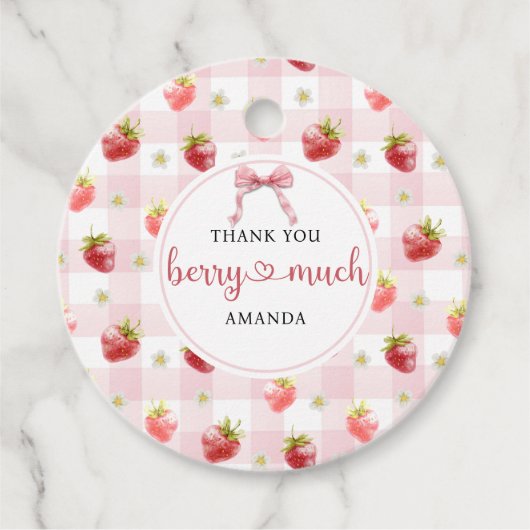 Rode Aardbei Roze Geruite Hartelijk Dank Bedankjes Labels (Voorkant)