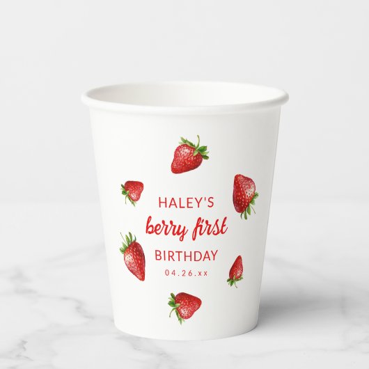 Rode Aardbei Waterverf Berry 1e Baby Verjaardag Papieren Bekers (Achterkant)