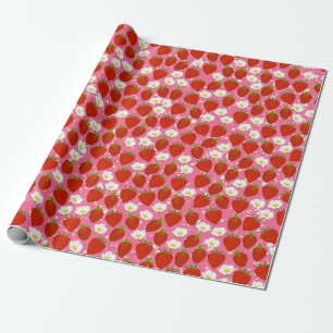 Rode aardbeien en witte bloemen Roze en Wit Cadeaupapier