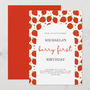 Rode aardbeien Patroon Berry Eerste Verjaardag Kaart