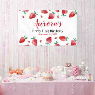 Rode aardbeienbessen eerste verjaardag banner