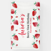 Rode aardbeienbessen eerste verjaardag banner (Verticaal)