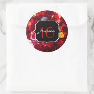 Rode abstract mozaïek glanzend glitterspatroon Swe Ronde Sticker